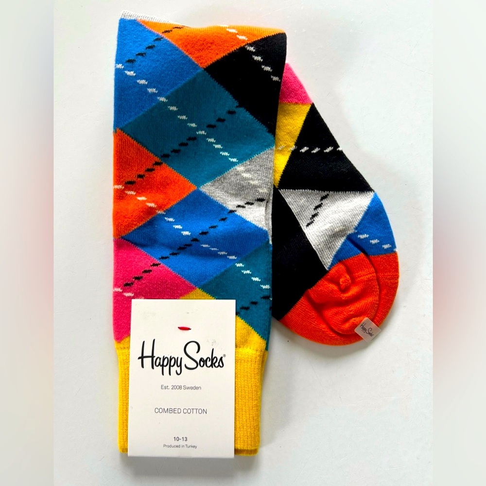 HAPPY SOCKS Mens 10-13 ARGYLE Diamond Combed Cotton Blend Crew BRIGHT Colors NWT